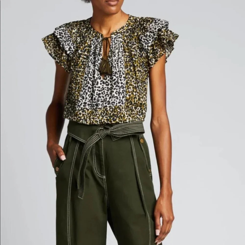 Ulla Johnson Elm Blouse Army Leopard Animal Print Ruffle Sleeve Tassel Tie 2‎